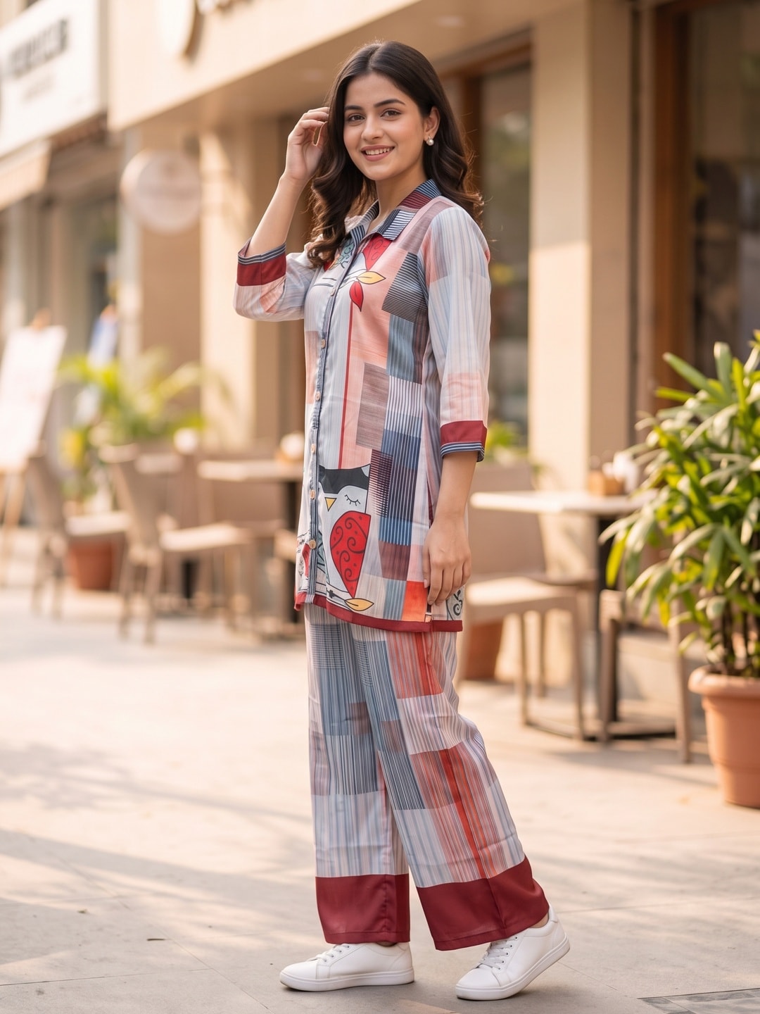 Peachmode Multicolor Satin Abstract Printed Co-ord Set - Image 3