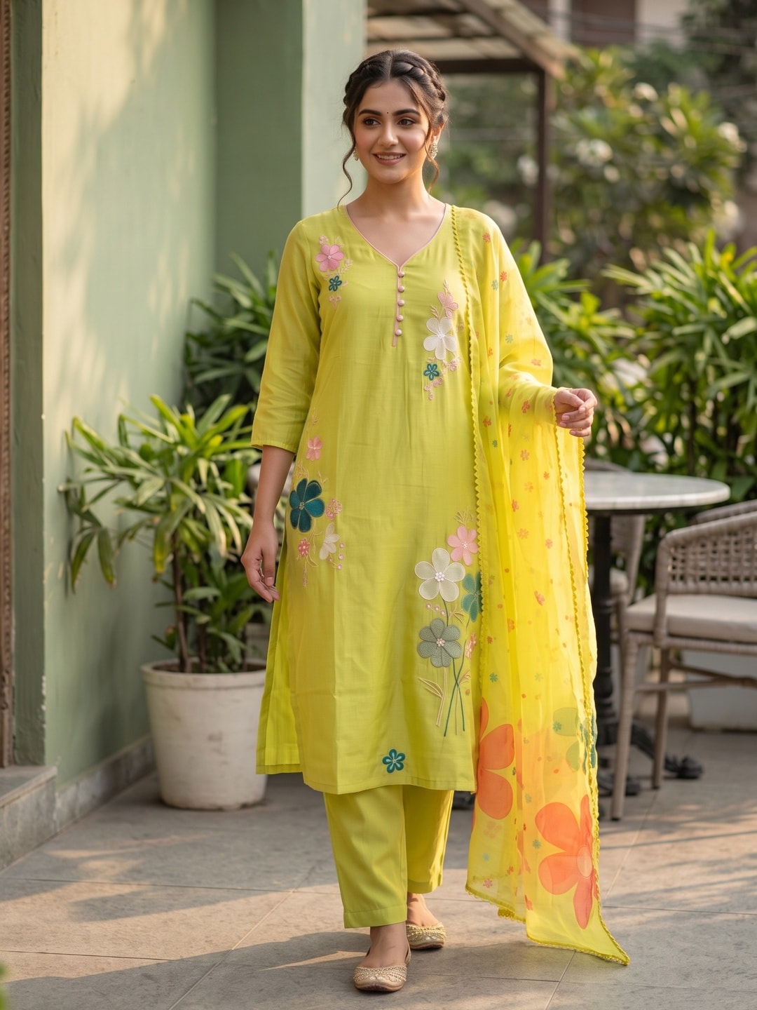 Peachmode Lime Green Mul Chanderi Floral Embroidered Salwar Suit - Image 2