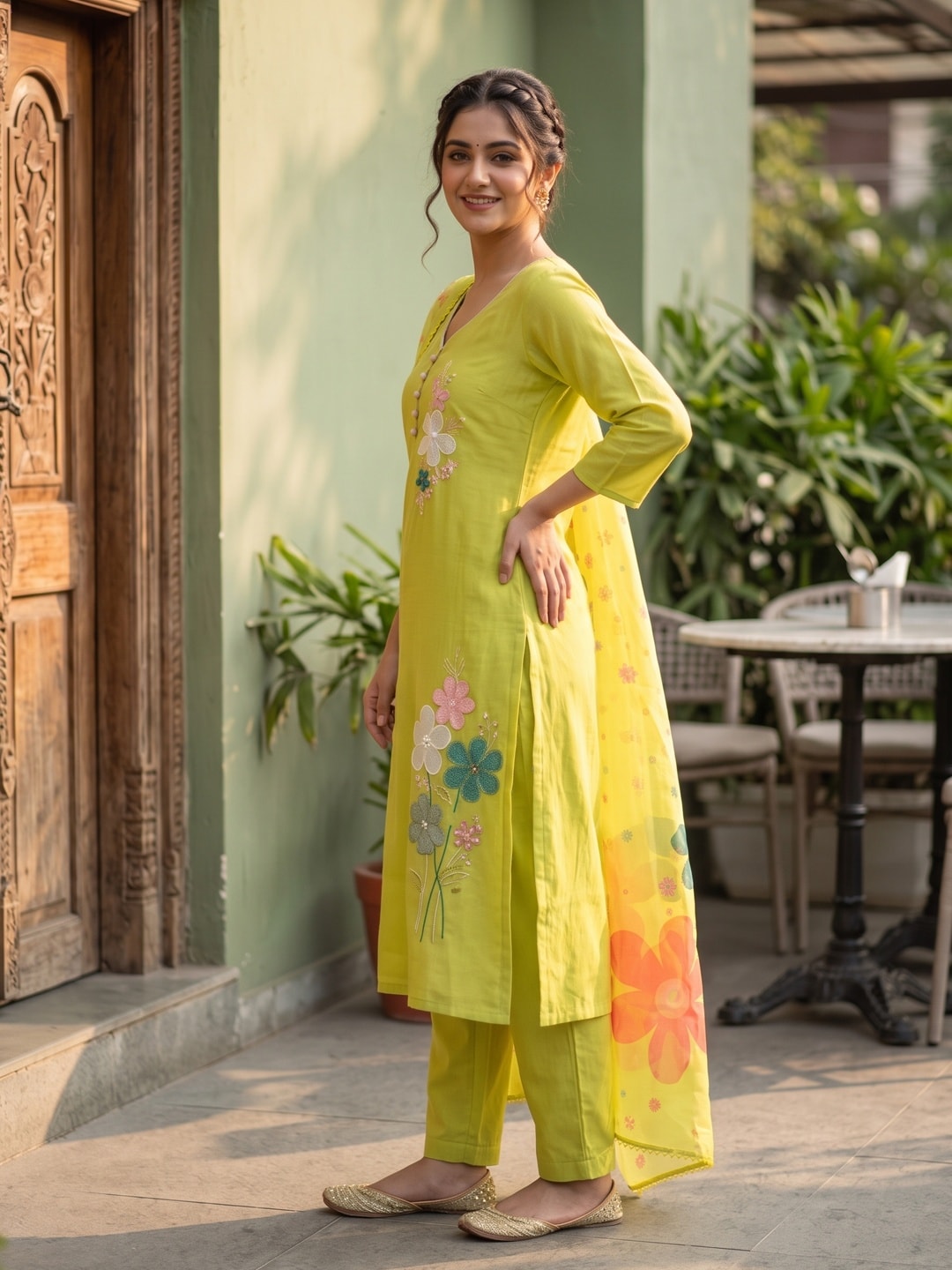 Peachmode Lime Green Mul Chanderi Floral Embroidered Salwar Suit - Image 3