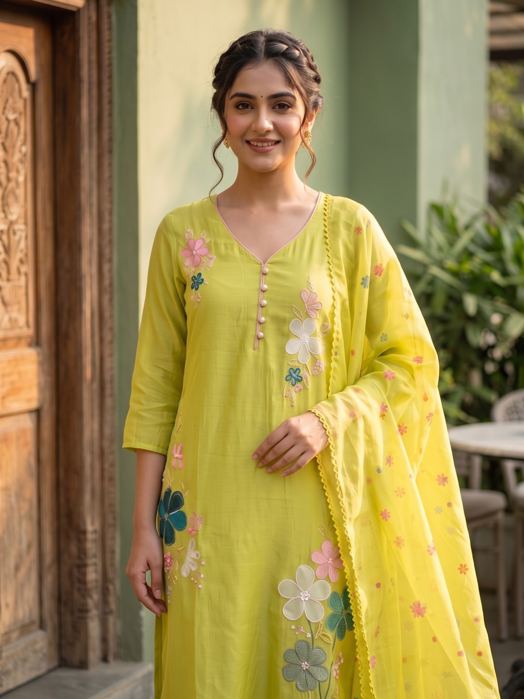 Peachmode Lime Green Mul Chanderi Floral Embroidered Salwar Suit - Image 5