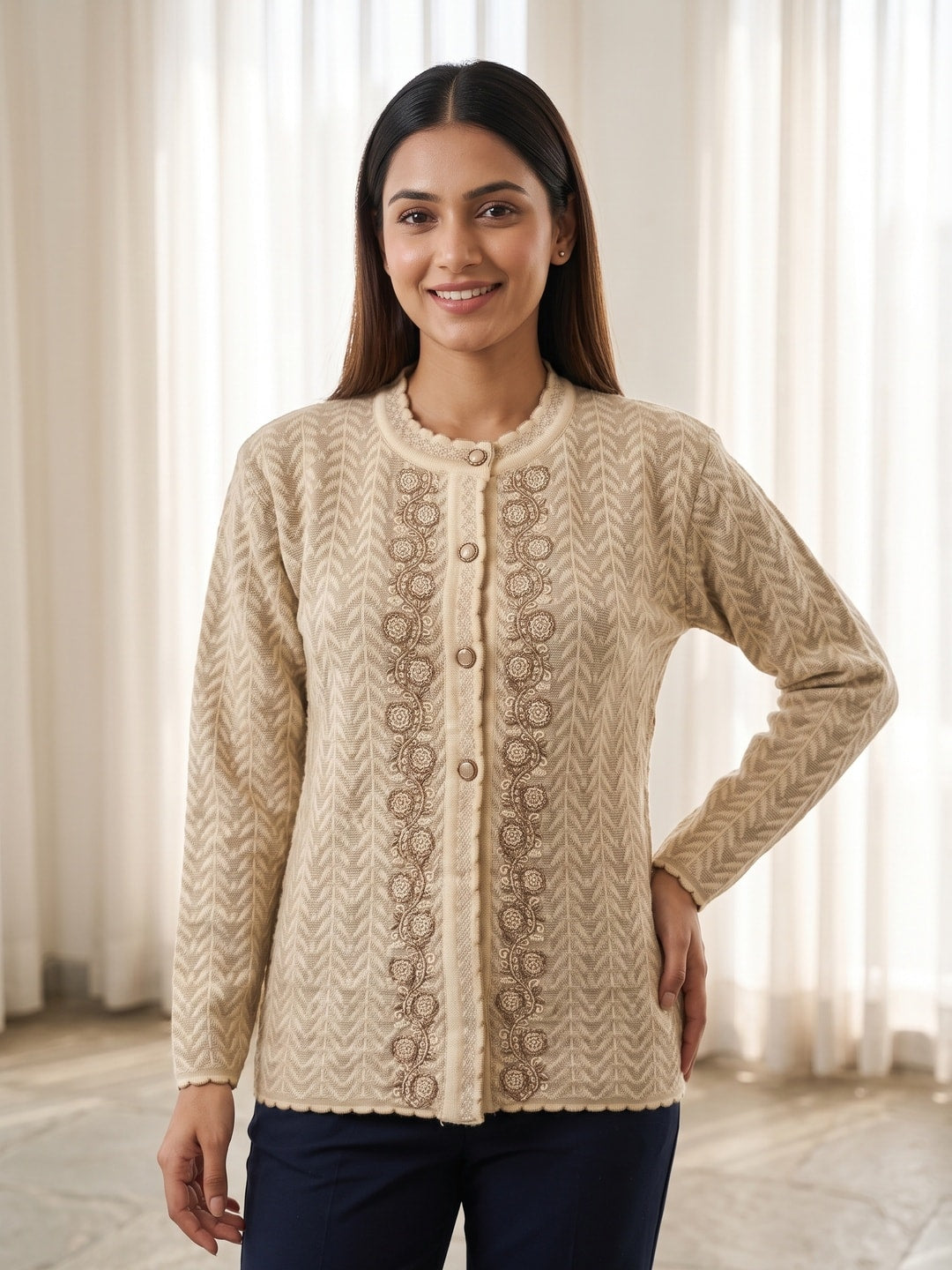 Peachmode Beige Woolen Cardigan - Image 1