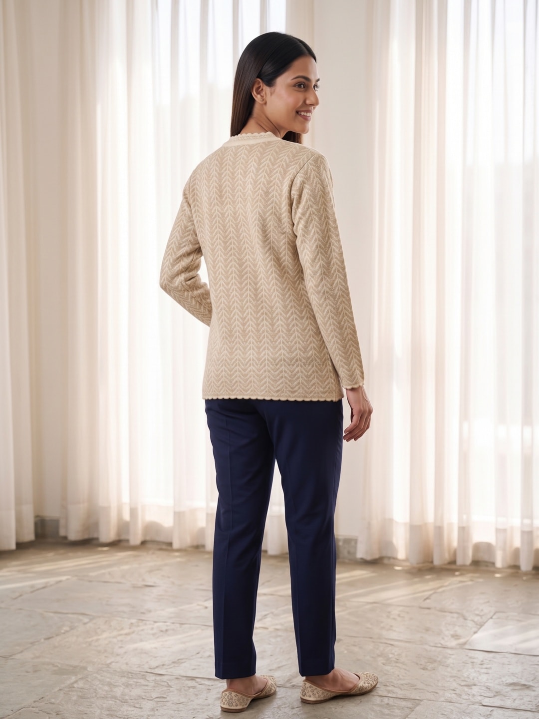 Peachmode Beige Woolen Cardigan - Image 4