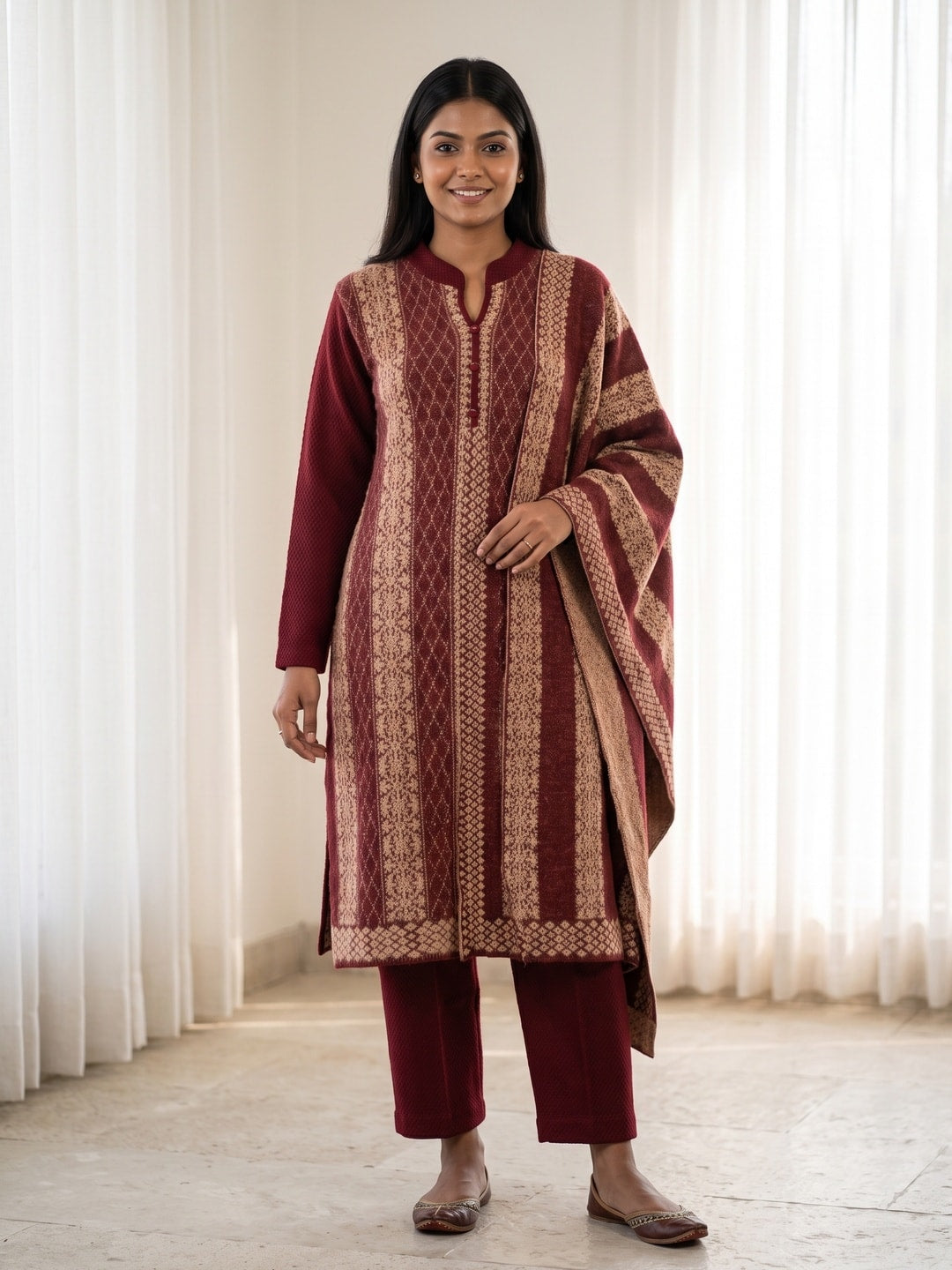 Peachmode Maroon Woolen Salwar Suit - Image 1