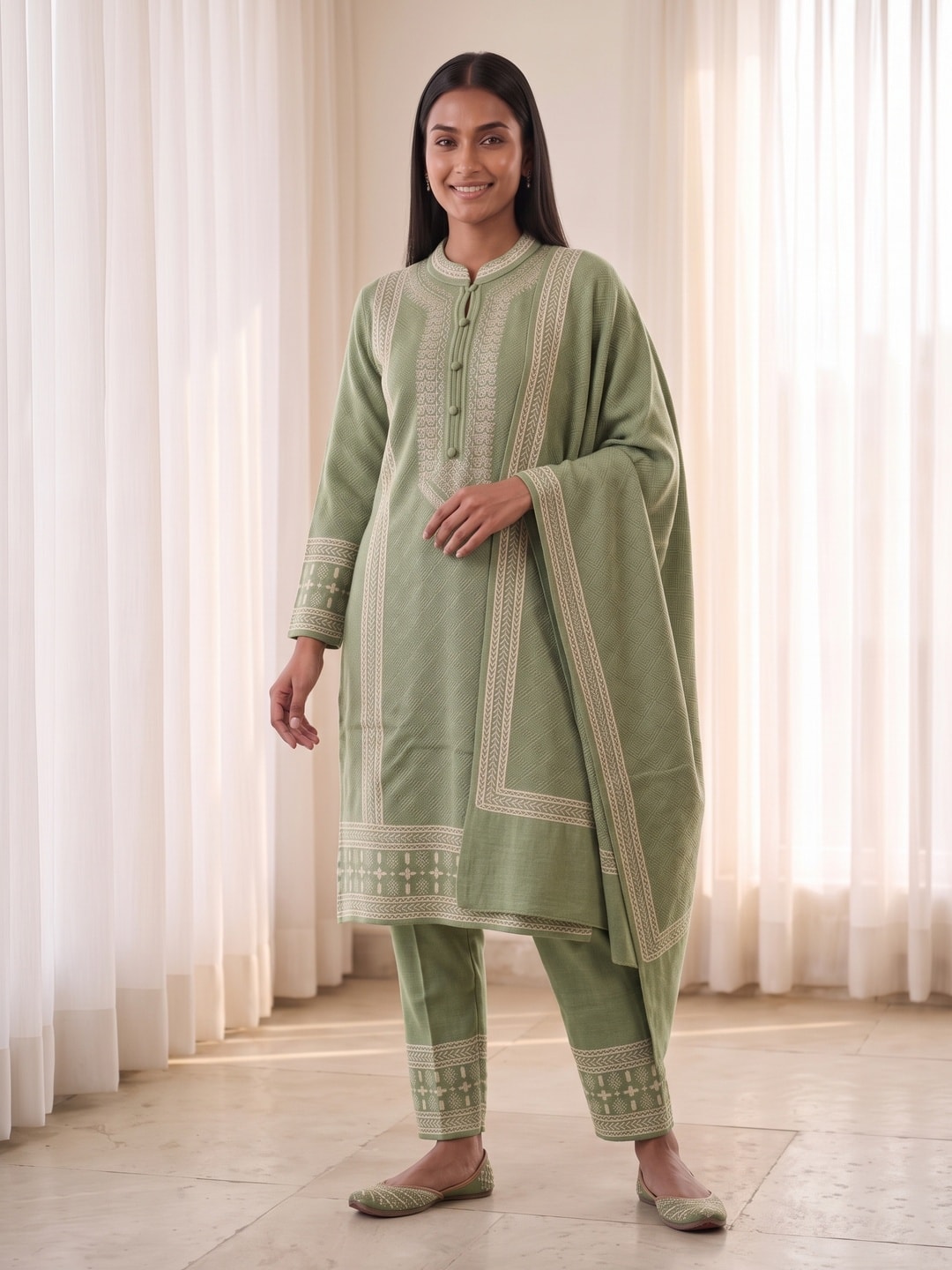 Peachmode Green Geometric Border Woolen Salwar Suit With Shawl - Image 1