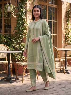Peachmode Green Geometric Border Woolen Salwar Suit With Shawl - Image 2