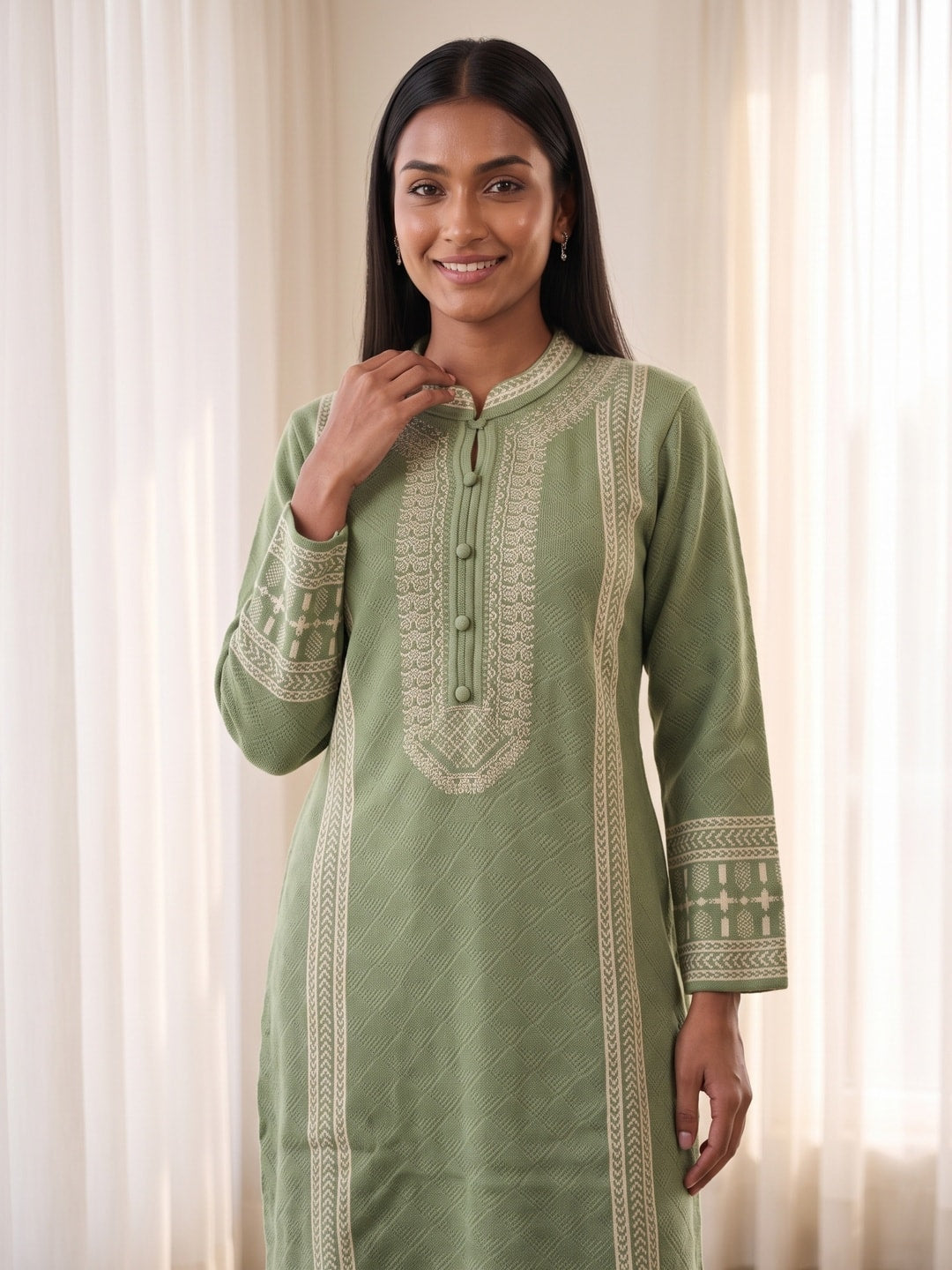 Peachmode Green Geometric Border Woolen Salwar Suit With Shawl - Image 5