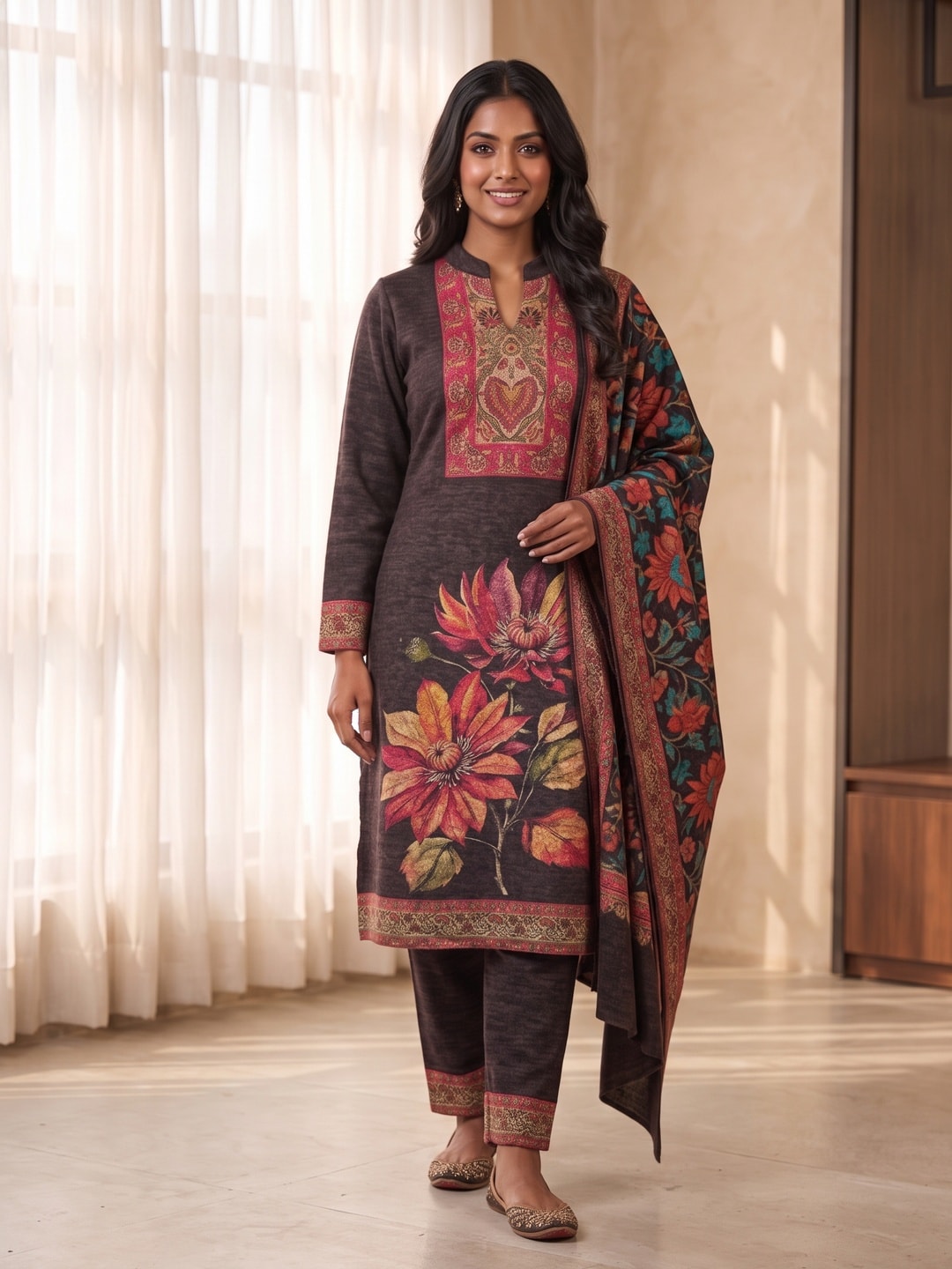Peachmode Brown Woolen Salwar Suit - Image 1