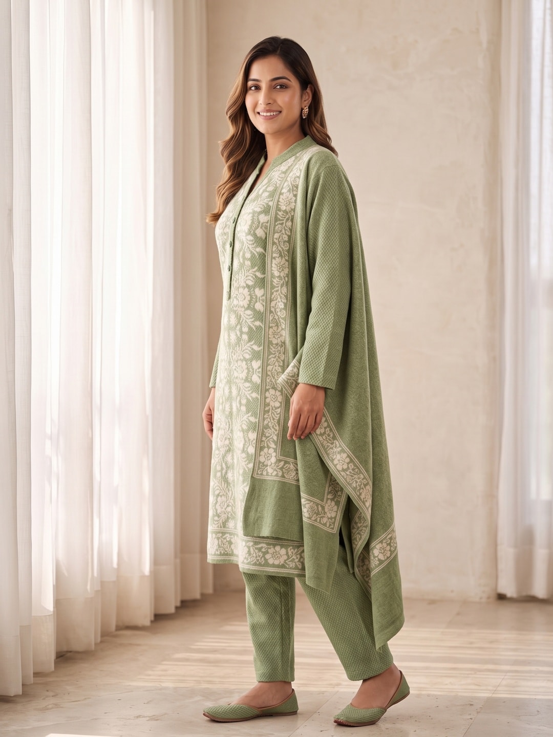 Peachmode Green Floral Jacquard Woolen Salwar Suit With Shawl - Image 3