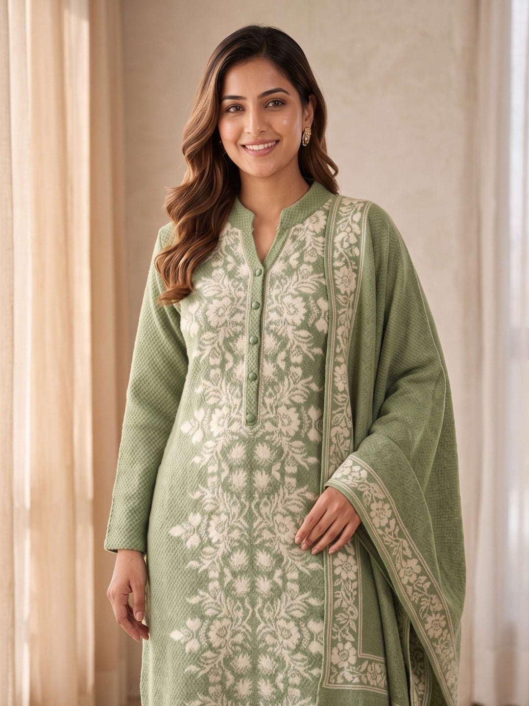 Peachmode Green Floral Jacquard Woolen Salwar Suit With Shawl - Image 4