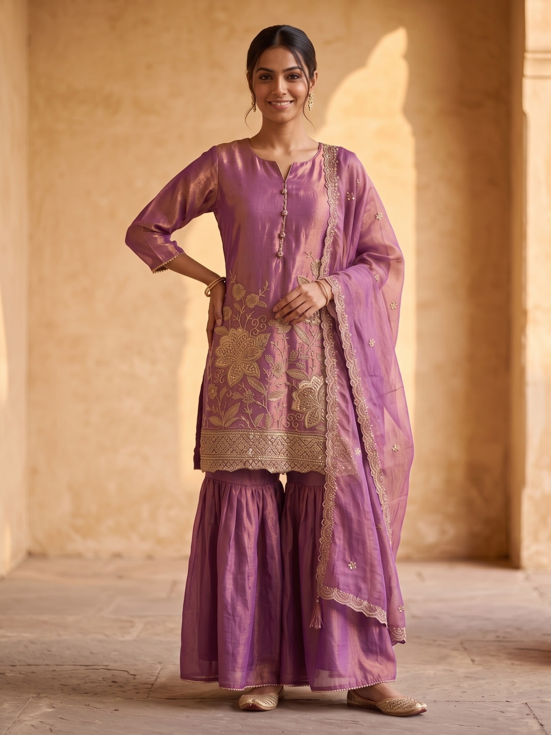 Peachmode Purple Silk Blend Floral Embroidered Sharara Suit - Image 1