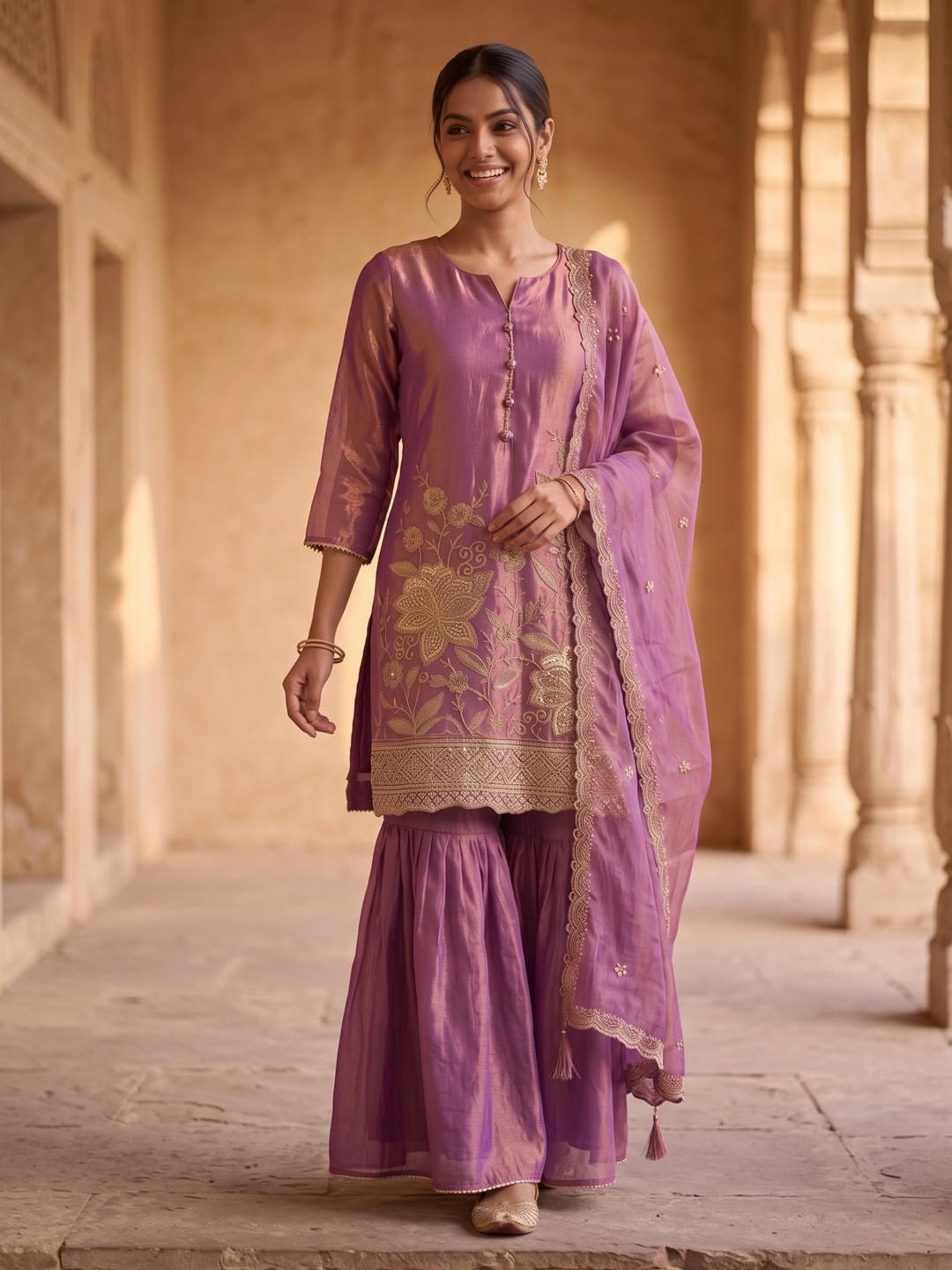 Peachmode Purple Silk Blend Floral Embroidered Sharara Suit - Image 2