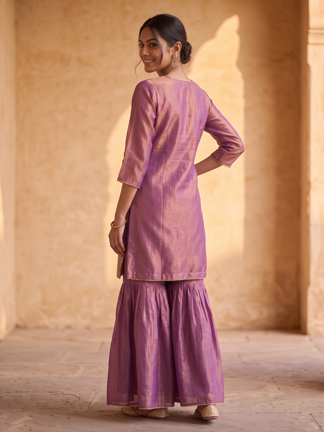 Peachmode Purple Silk Blend Floral Embroidered Sharara Suit - Image 3