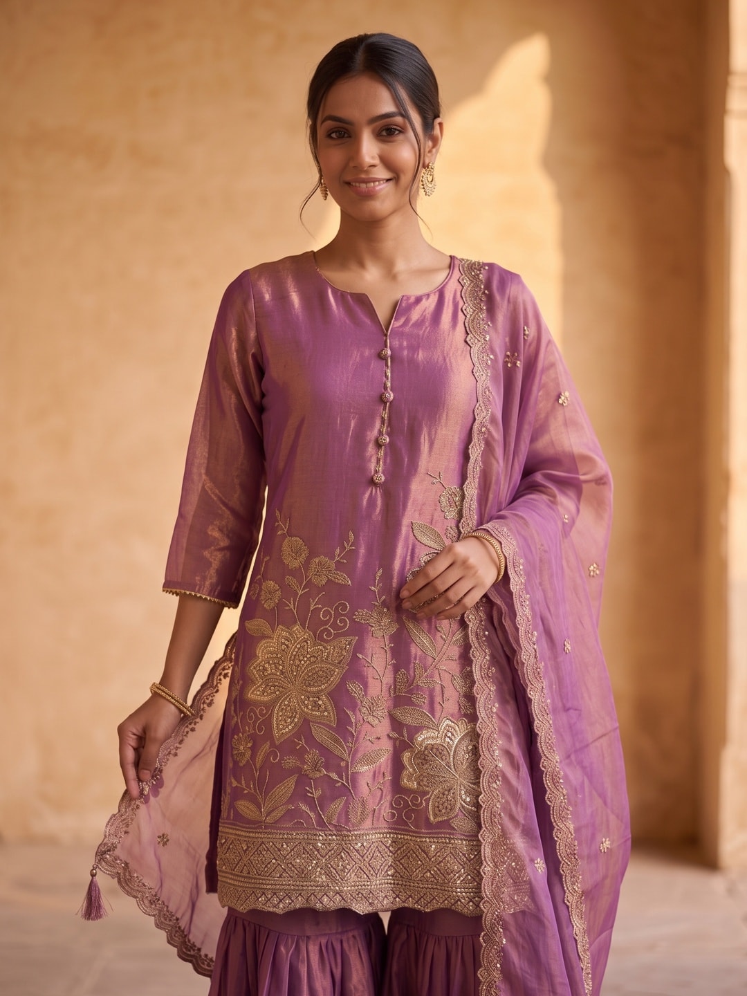 Peachmode Purple Silk Blend Floral Embroidered Sharara Suit - Image 4