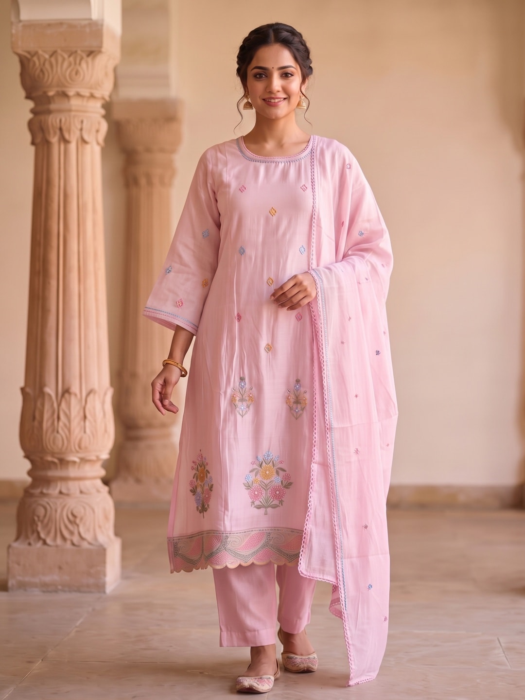 Peachmode Baby Pink Chanderi Silk Floral Embroidered Salwar Suit Set - Image 1