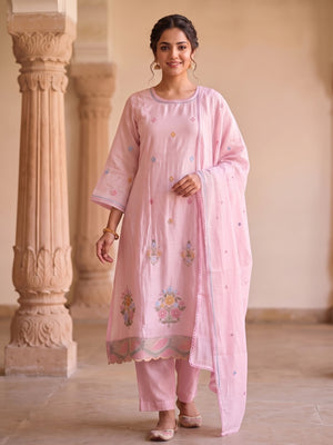 Peachmode Baby Pink Chanderi Silk Floral Embroidered Salwar Suit Set - Image 1