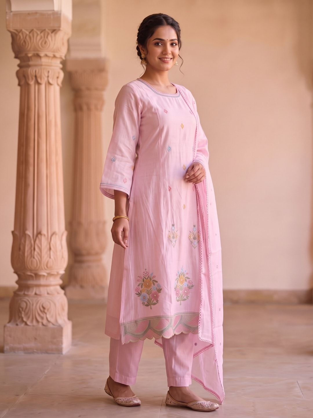 Peachmode Baby Pink Chanderi Silk Floral Embroidered Salwar Suit Set - Image 2