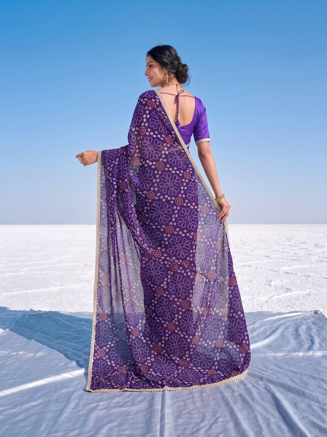 Peachmode Purple Bandhani Print Georgette Saree With Lace Border - Image 3