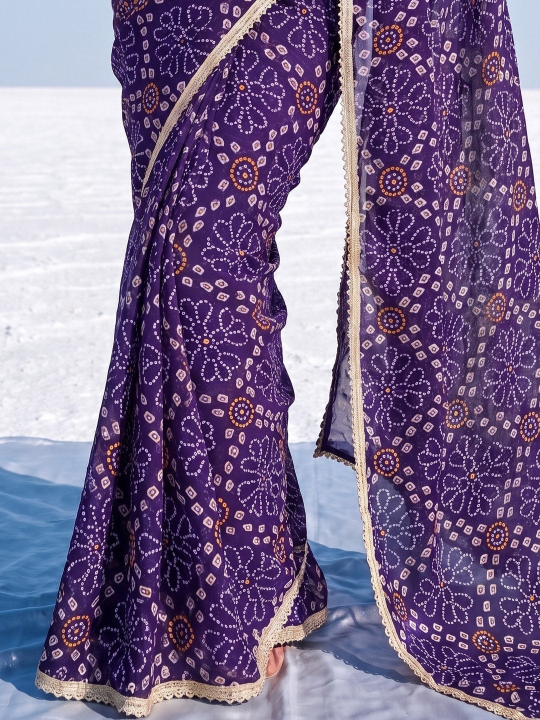 Peachmode Purple Bandhani Print Georgette Saree With Lace Border - Image 4