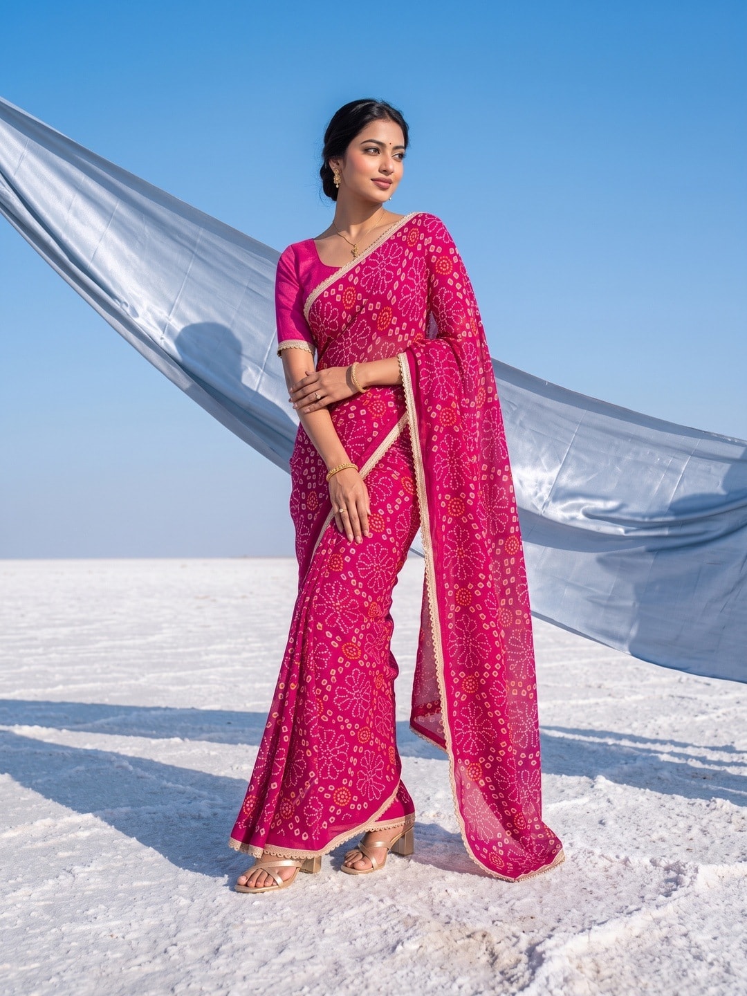 Peachmode Pink Bandhani Print Georgette Saree With Lace Border - Image 1
