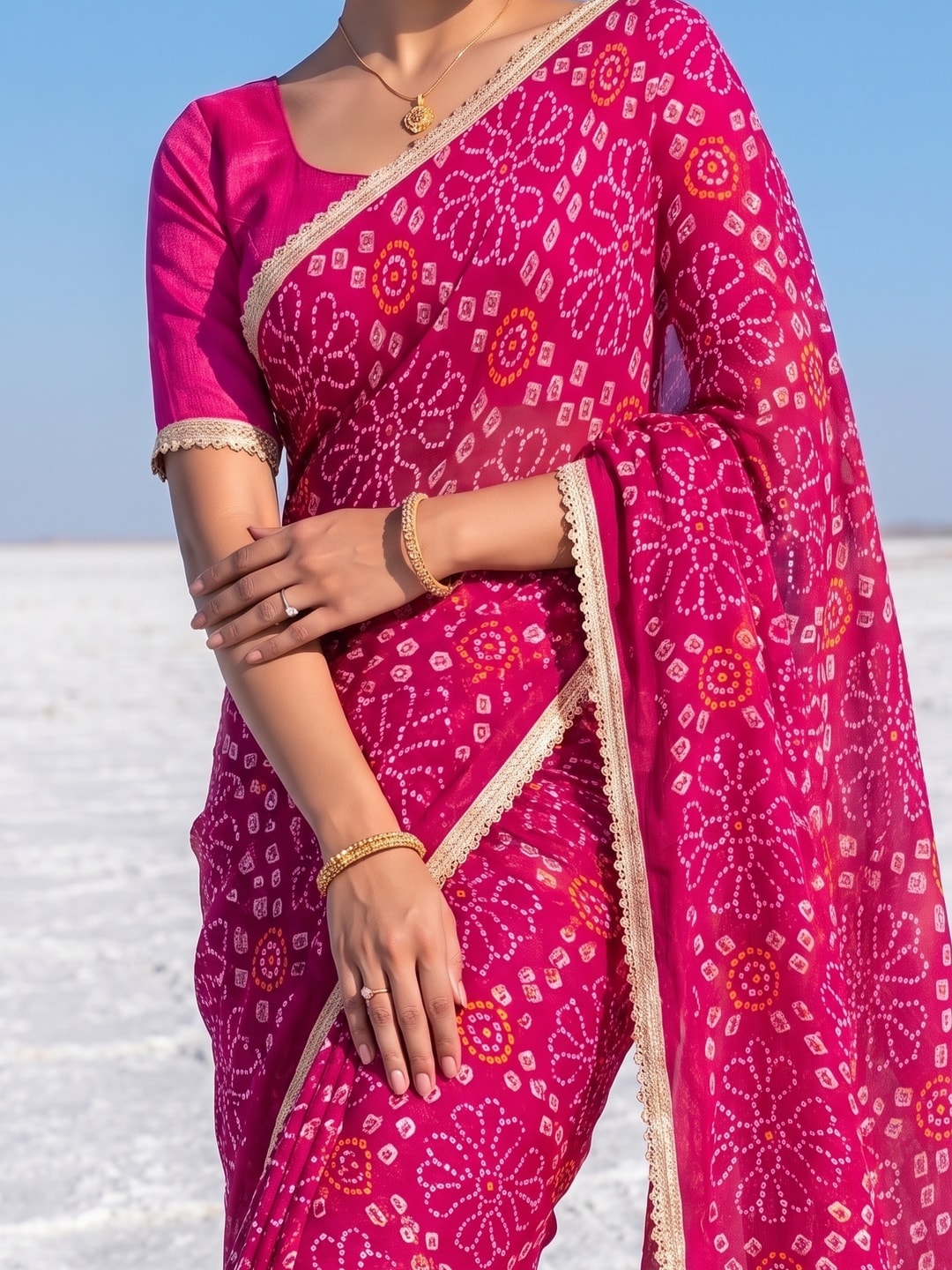 Peachmode Pink Bandhani Print Georgette Saree With Lace Border - Image 4
