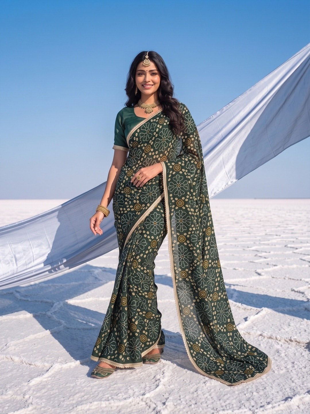 Peachmode Green Bandhani Print Georgette Saree With Lace Border - Image 1