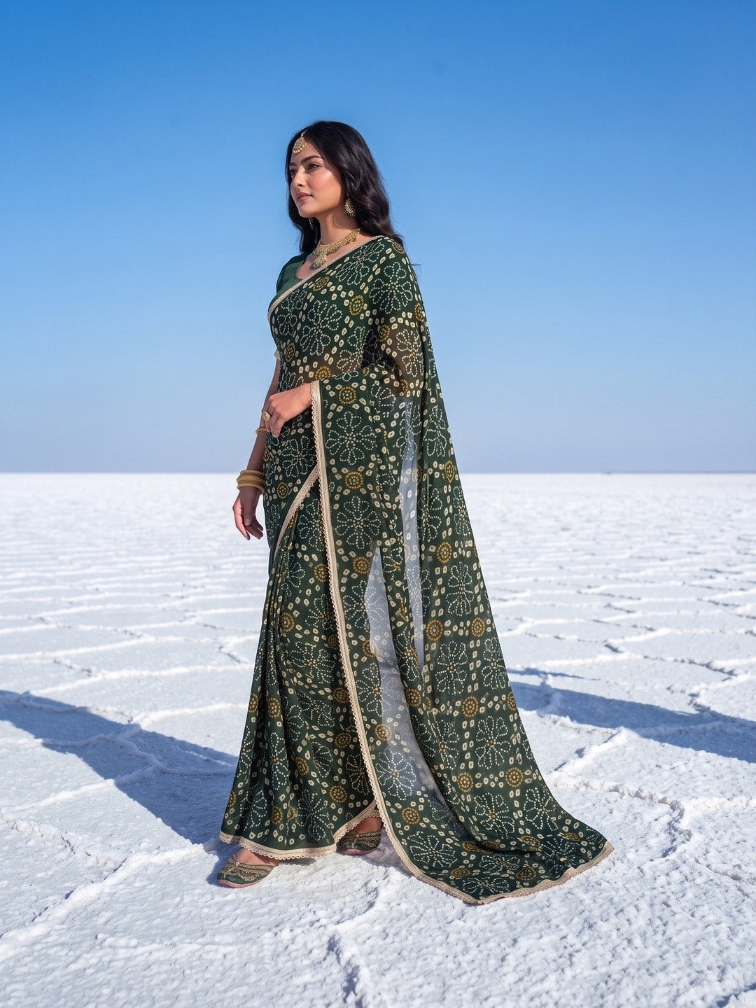 Peachmode Green Bandhani Print Georgette Saree With Lace Border - Image 2