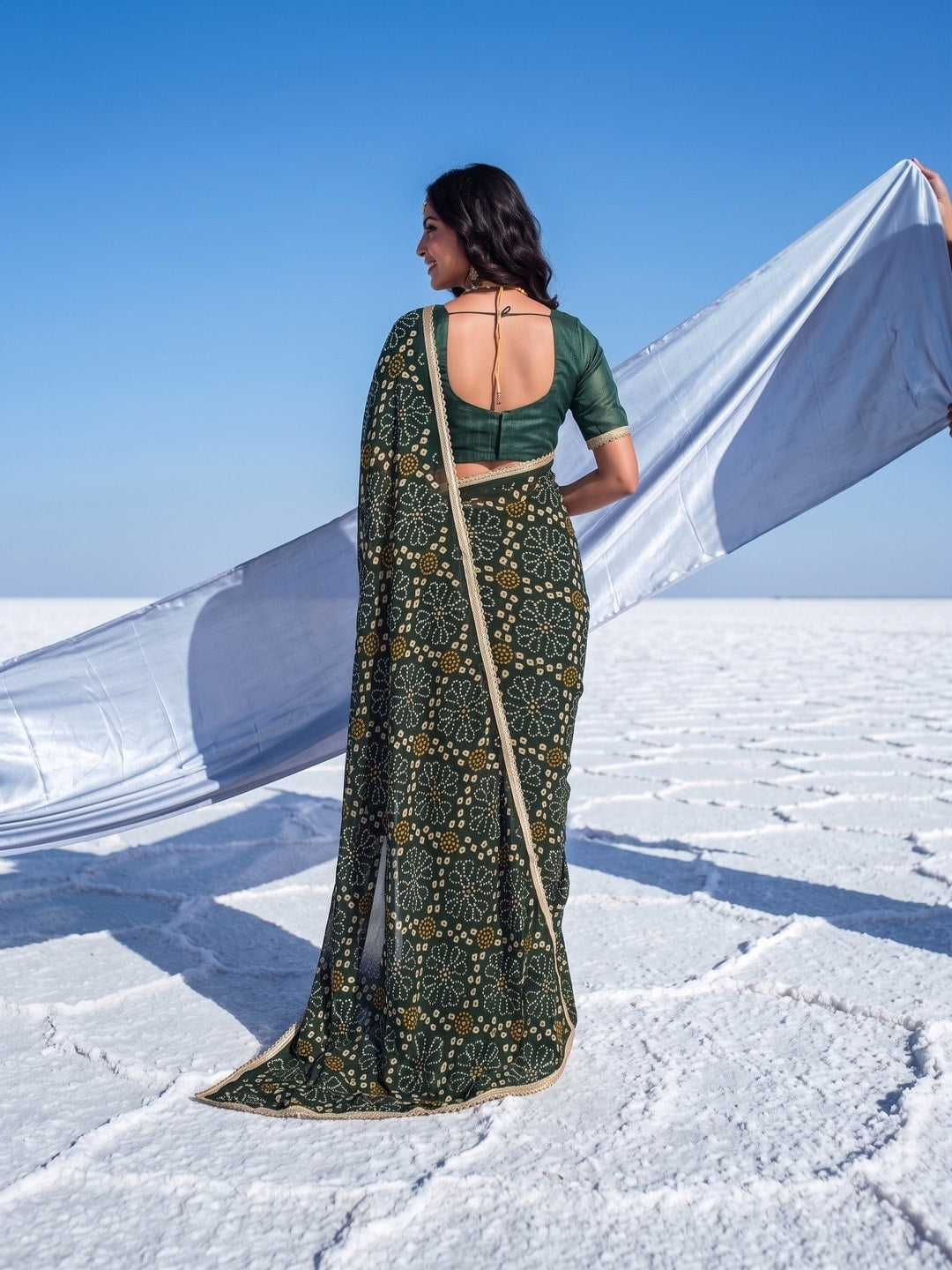 Peachmode Green Bandhani Print Georgette Saree With Lace Border - Image 3