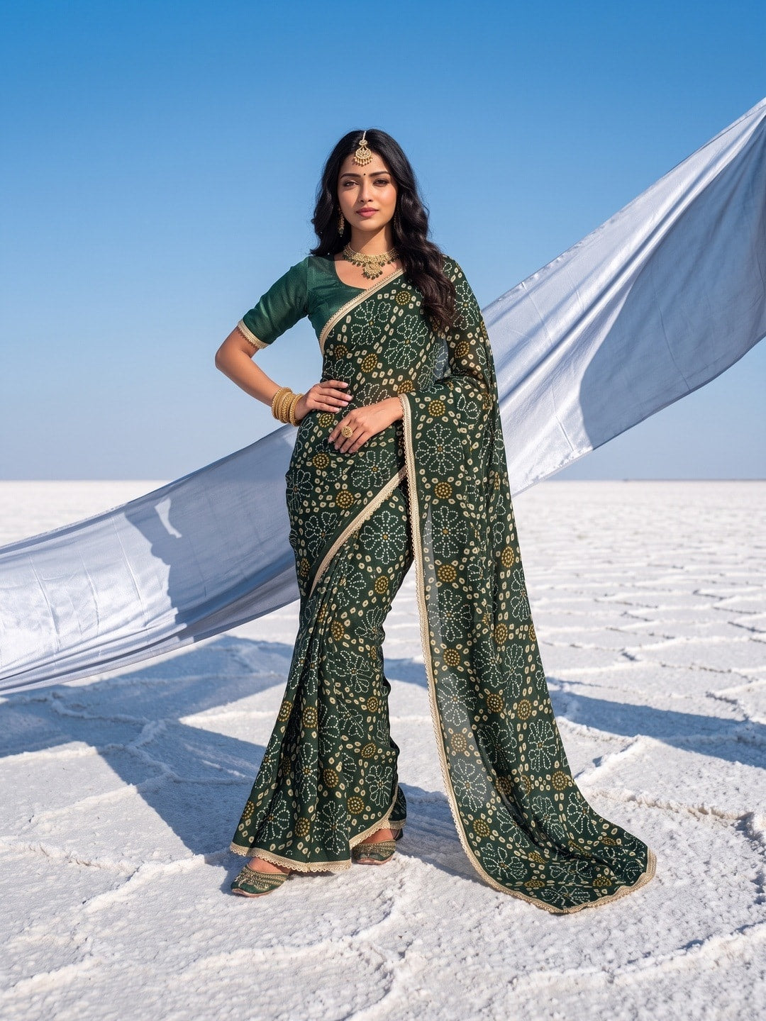 Peachmode Green Bandhani Print Georgette Saree With Lace Border - Image 4