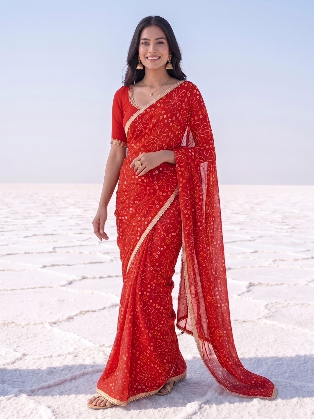 Peachmode Red Bandhani Print Georgette Saree With Lace Border - Image 1