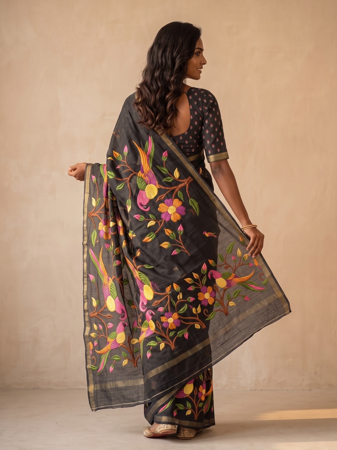 Peachmode Black Parrot Digital Print Mul Cotton Saree - Image 3