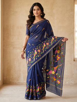 Peachmode Navy Blue Parrot Digital Print Mul Cotton Saree - Image 1