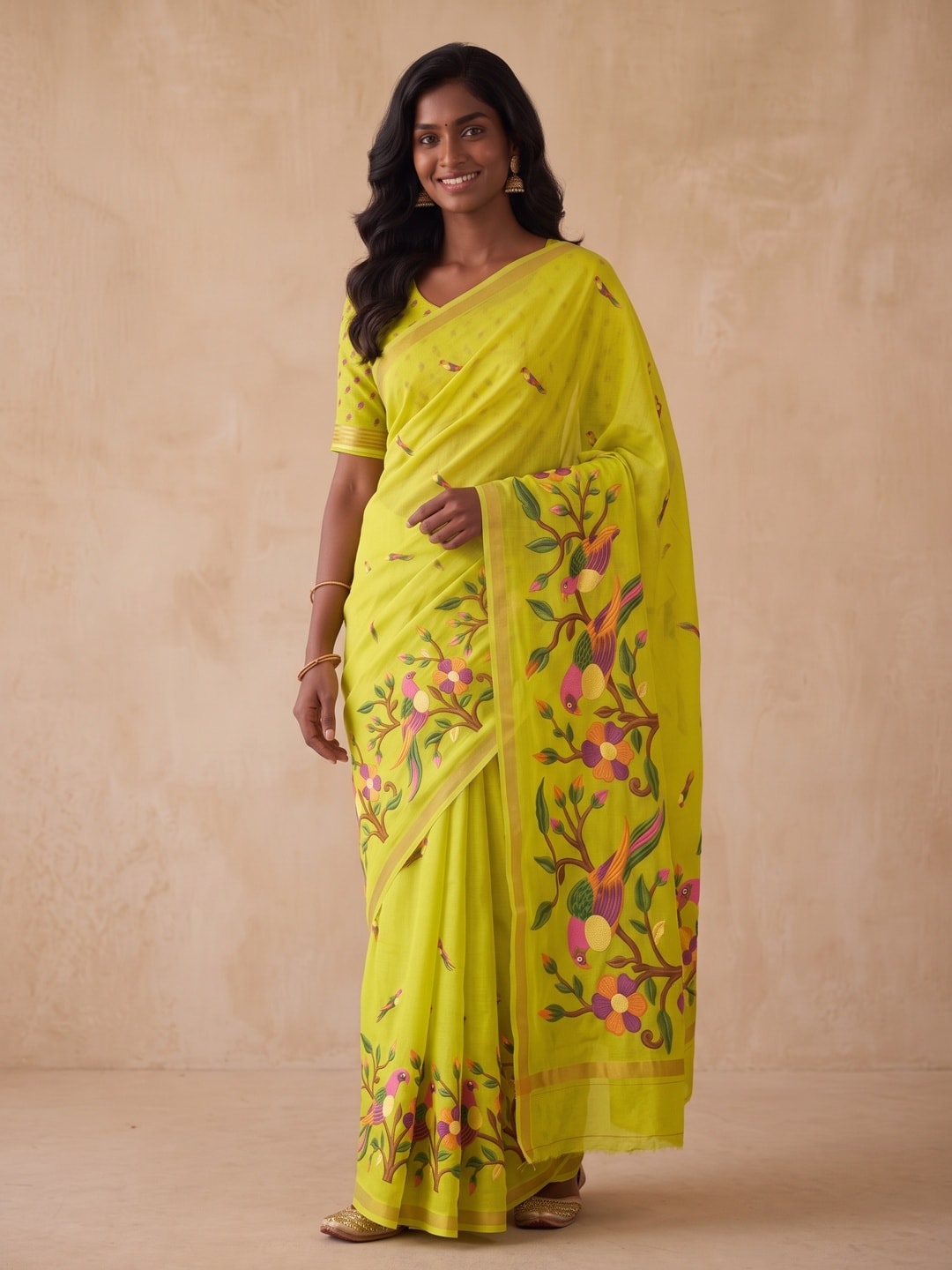 Peachmode Lime Green Parrot Digital Print Mul Cotton Saree - Image 2
