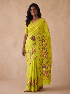 Peachmode Lime Green Parrot Digital Print Mul Cotton Saree - Image 2