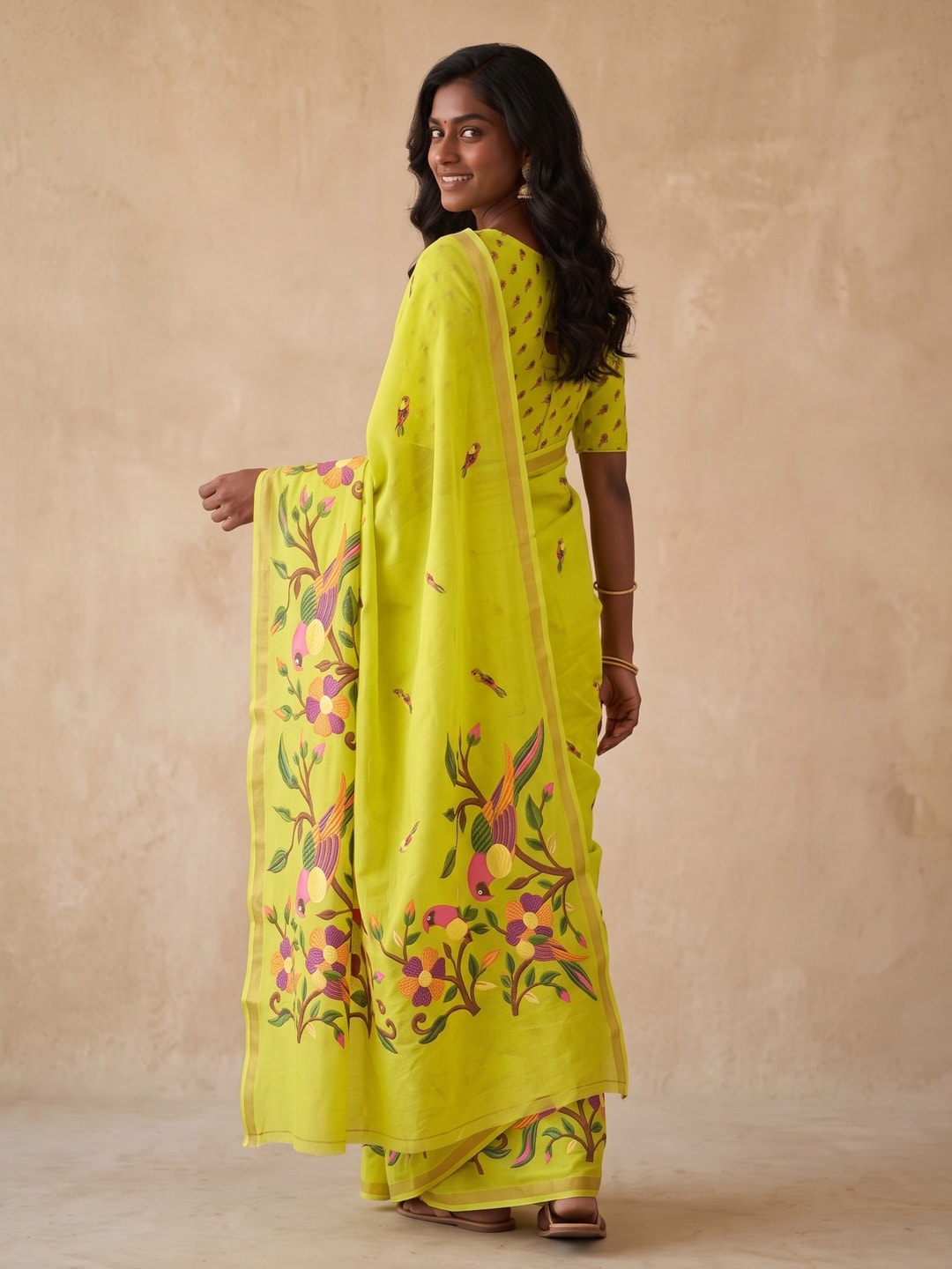 Peachmode Lime Green Parrot Digital Print Mul Cotton Saree - Image 3