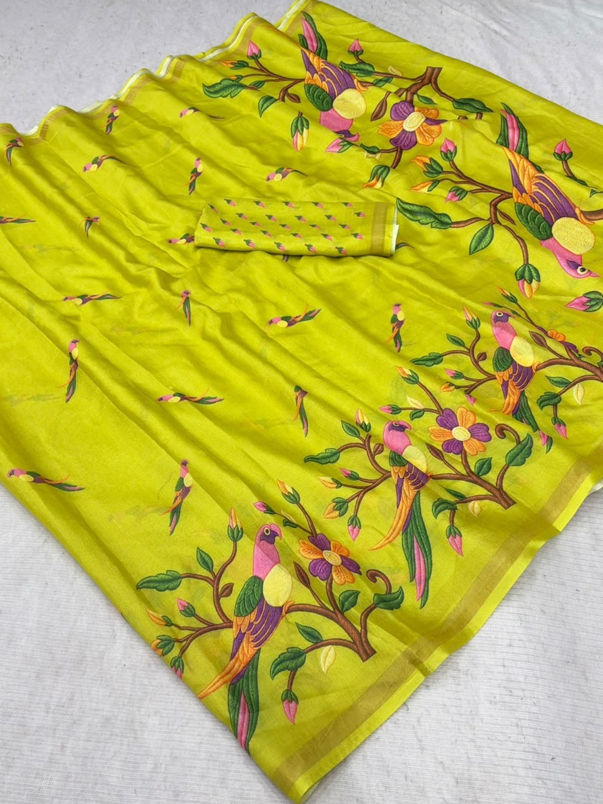 Peachmode Lime Green Parrot Digital Print Mul Cotton Saree - Image 4