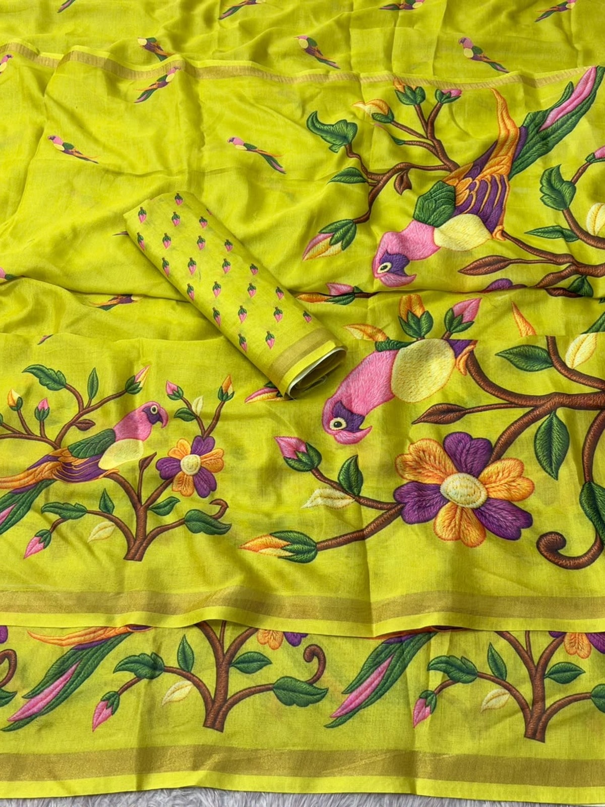 Peachmode Lime Green Parrot Digital Print Mul Cotton Saree - Image 5