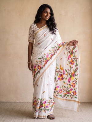 Peachmode White Parrot Digital Print Mul Cotton Saree - Image 2