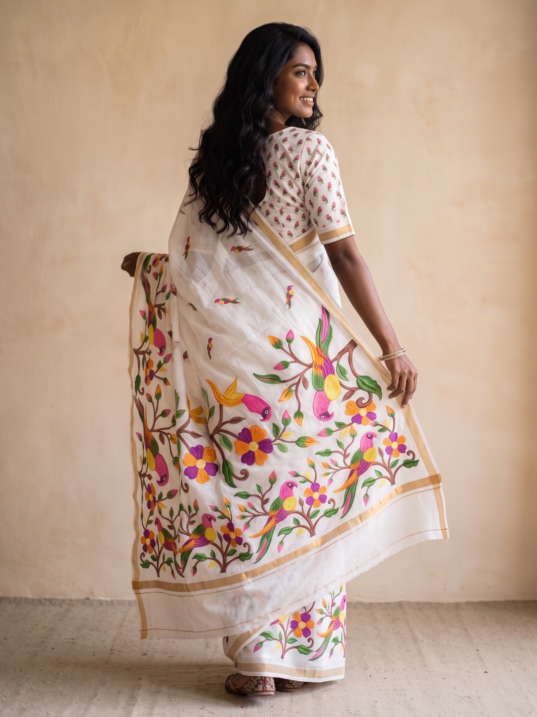 Peachmode White Parrot Digital Print Mul Cotton Saree - Image 3