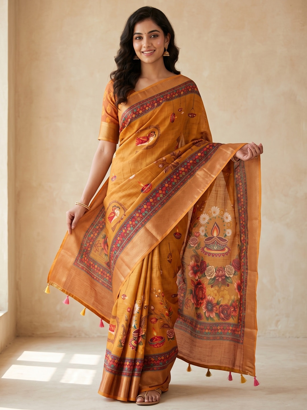 Peachmode Mustard Digital Kalamkari Diwali Print Linen Saree - Image 1