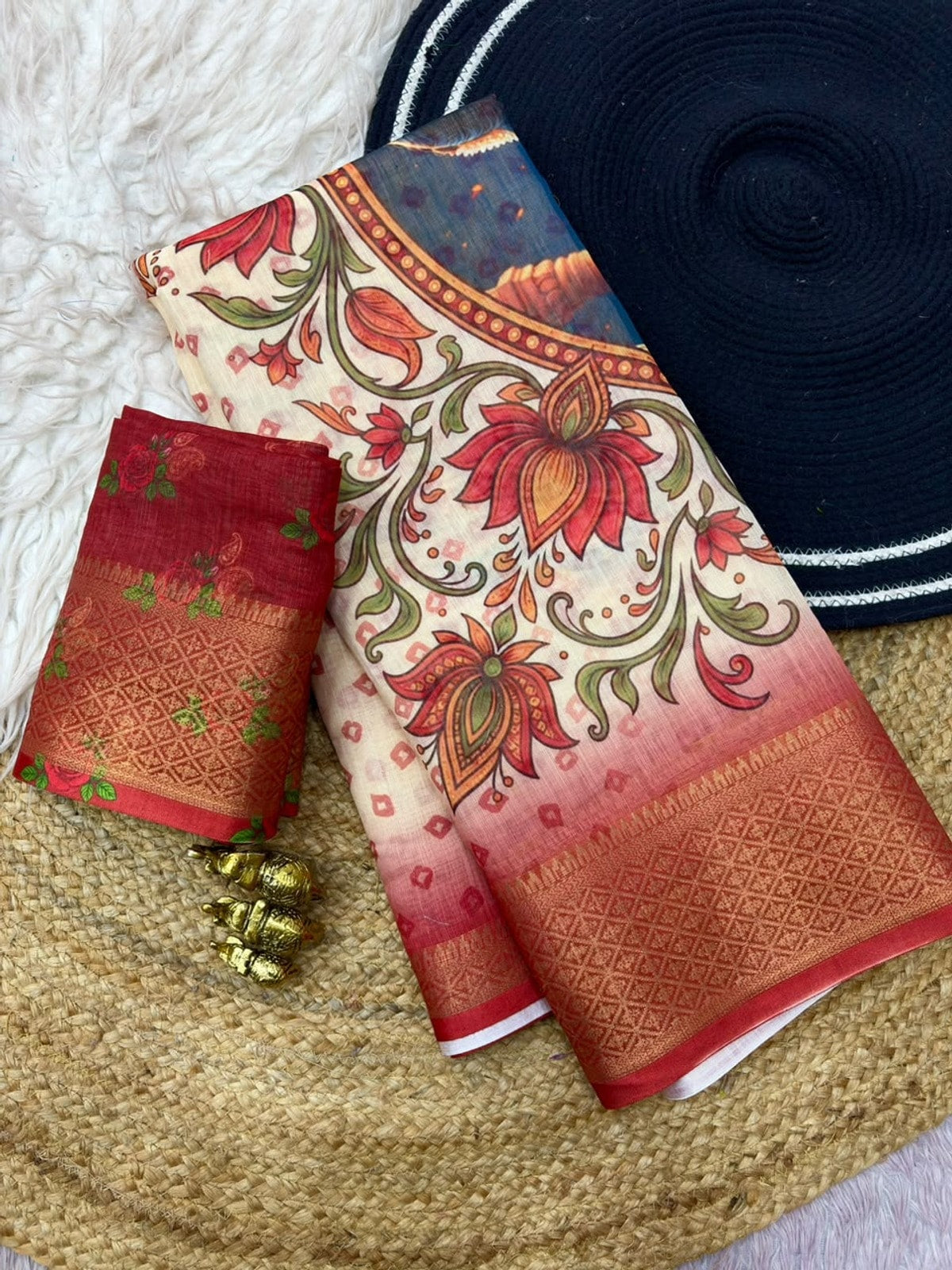 Peachmode Off White Digital Kalamkari Diwali Print Linen Saree - Image 4