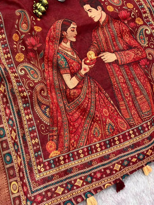 Peachmode Maroon Digital Kalamkari Diwali Print Linen Saree - Image 2