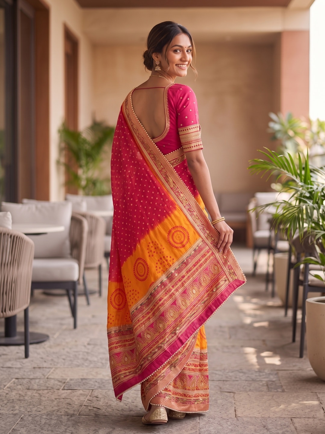 Peachmode Orange Bandhej Print Gota Patti Chiffon Saree - Image 3