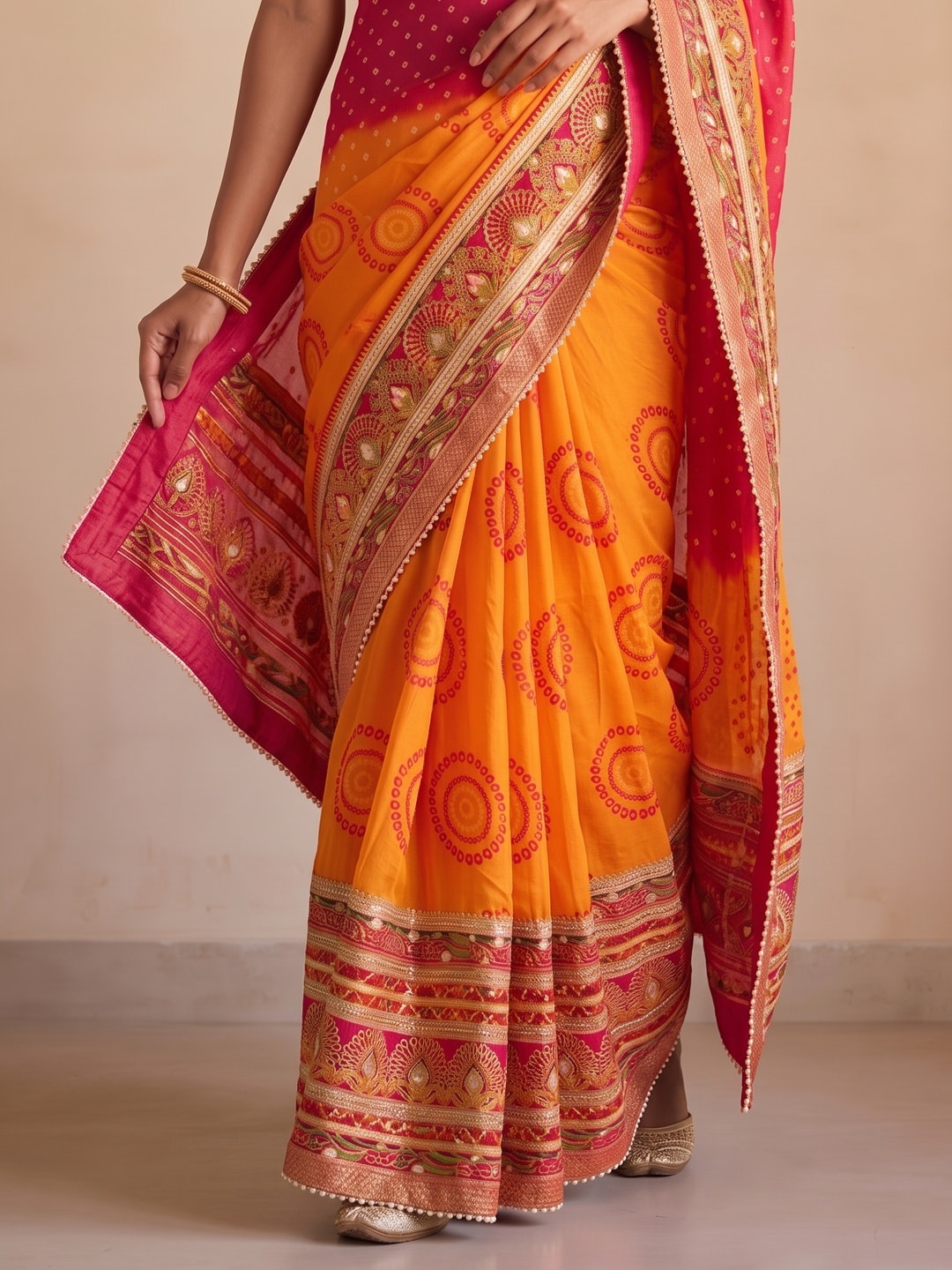 Peachmode Orange Bandhej Print Gota Patti Chiffon Saree - Image 4
