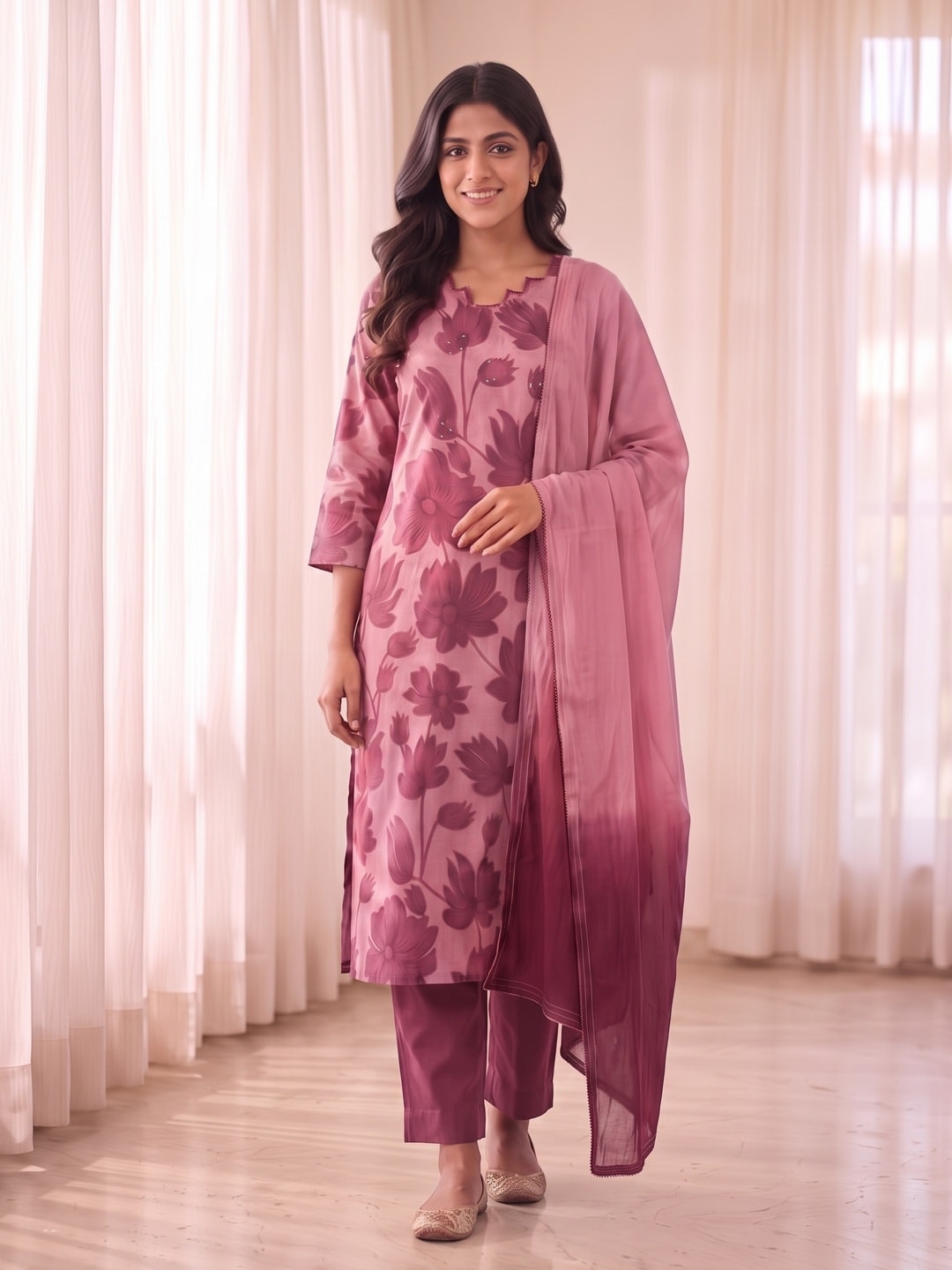 Peachmode Wine Floral Print Cotton Salwar Suit with Dupatta - Image 1