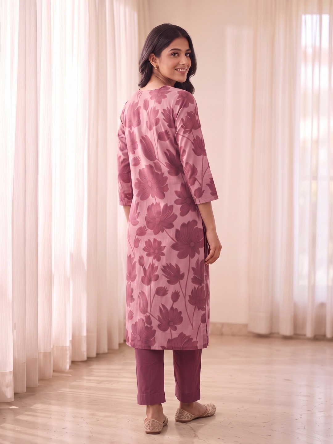 Peachmode Wine Floral Print Cotton Salwar Suit with Dupatta - Image 3