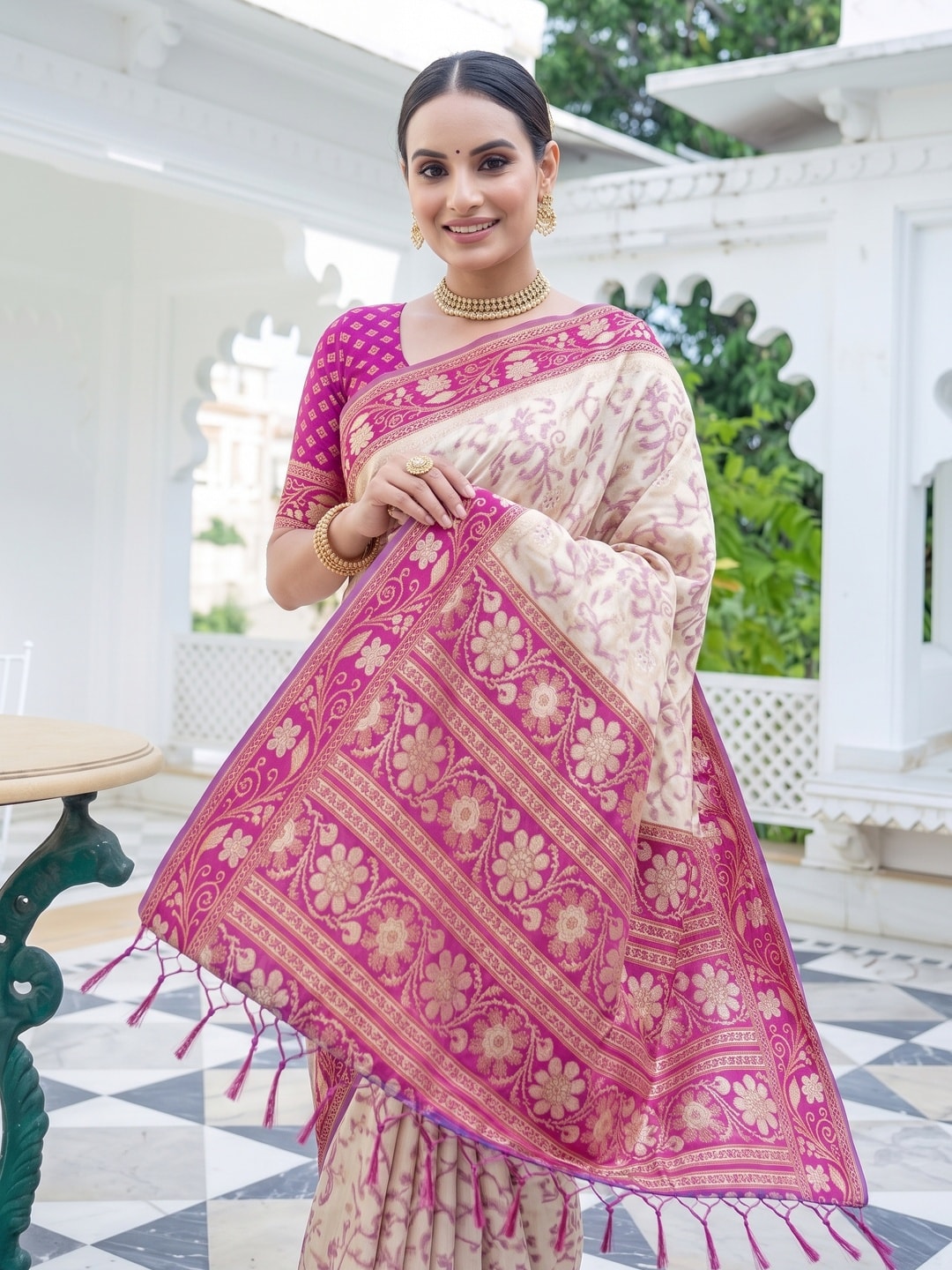 Peachmode White Woven Border Silk Saree With Heavy Pallu - Image 5