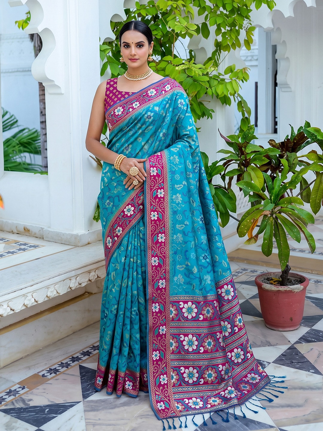 Peachmode Sky Blue Woven Border Silk Saree With Heavy Pallu - Image 1