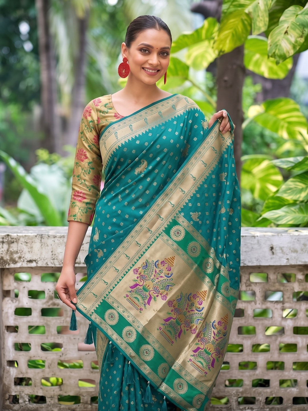 Peachmode Teal Zari Border Silk Saree With Heavy Pallu - Image 4
