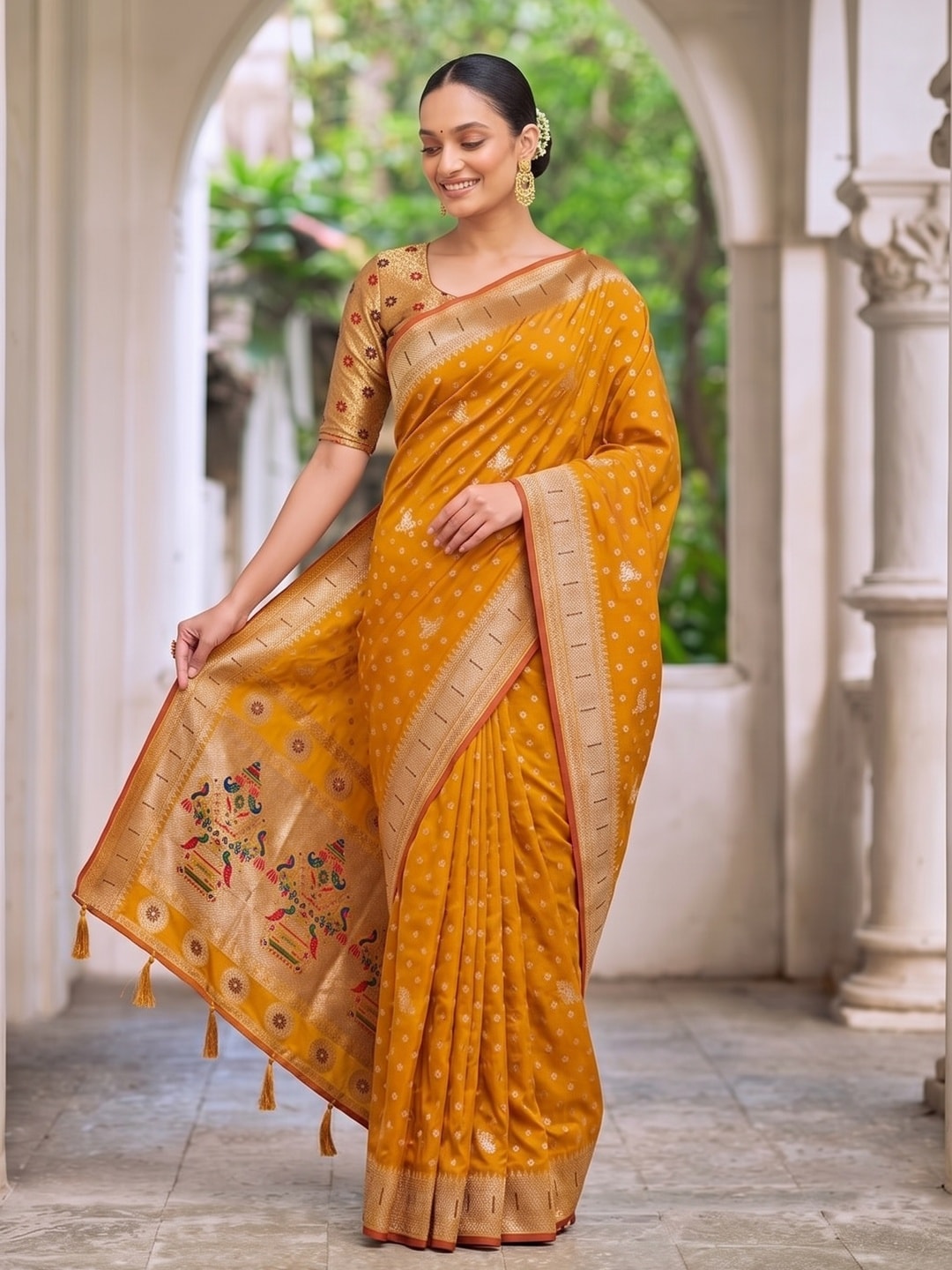 Peachmode Yellow Zari Border Silk Saree With Heavy Pallu - Image 5
