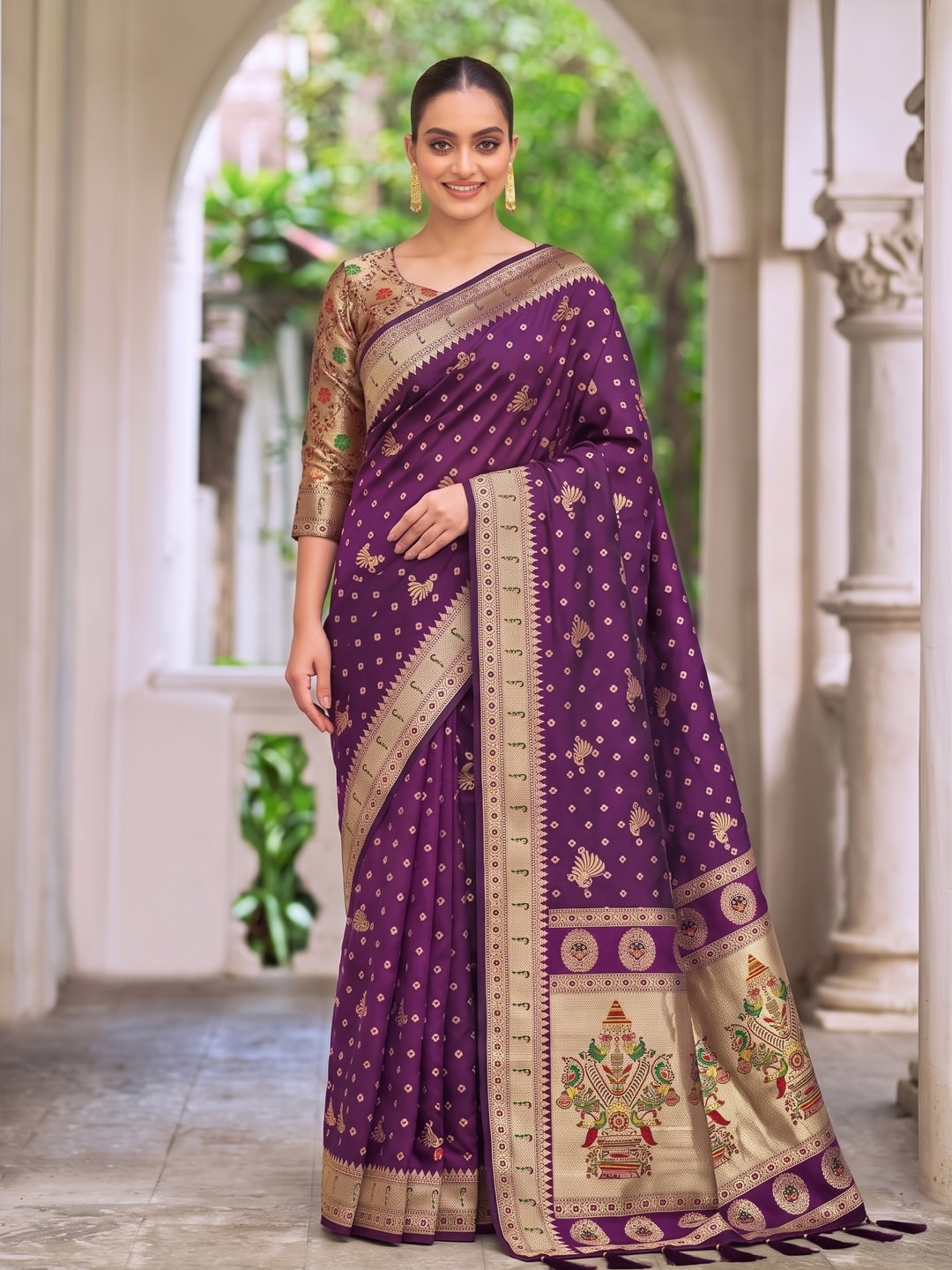 Peachmode Wine Zari Border Silk Saree With Heavy Pallu - Image 1